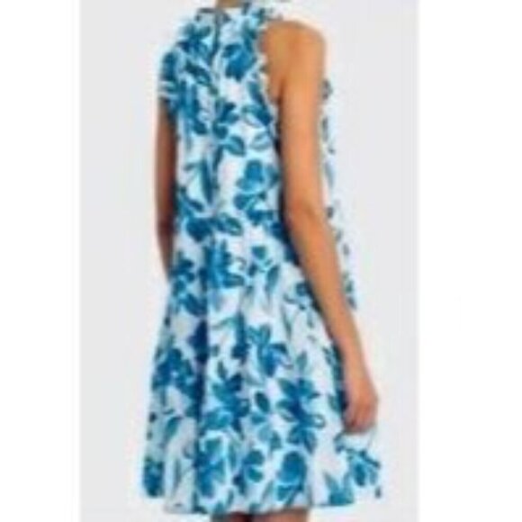 Clover And Sloane Women's Blue Fit & Flare Dress Floral Ruffle Size L (C-7) - Picture 2 of 13